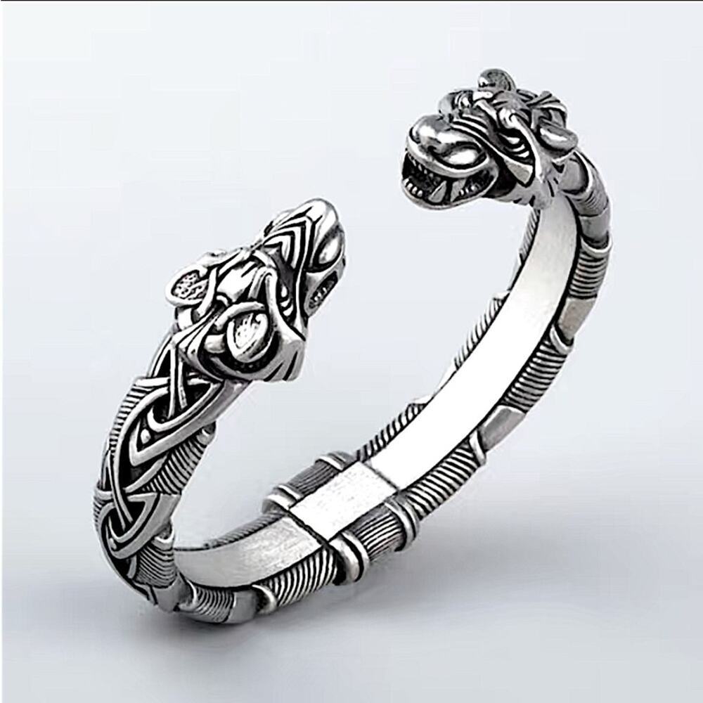 Silver Wolf Head Viking Norse Knotwork Cuff Bangle Bracelet - Picture 10 of 12